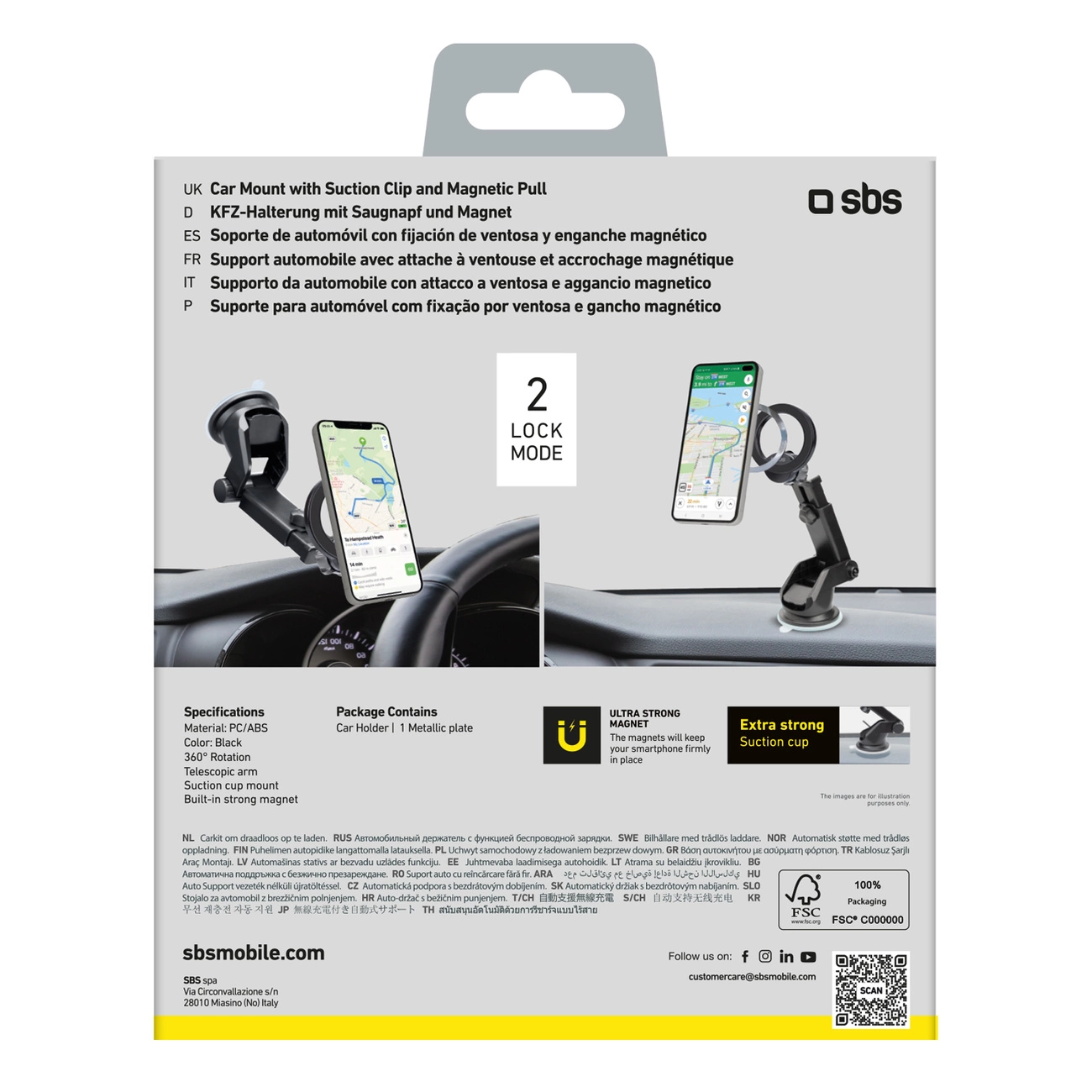 Confezione per supporto auto magnetico con specifiche e illustrazioni d'uso.