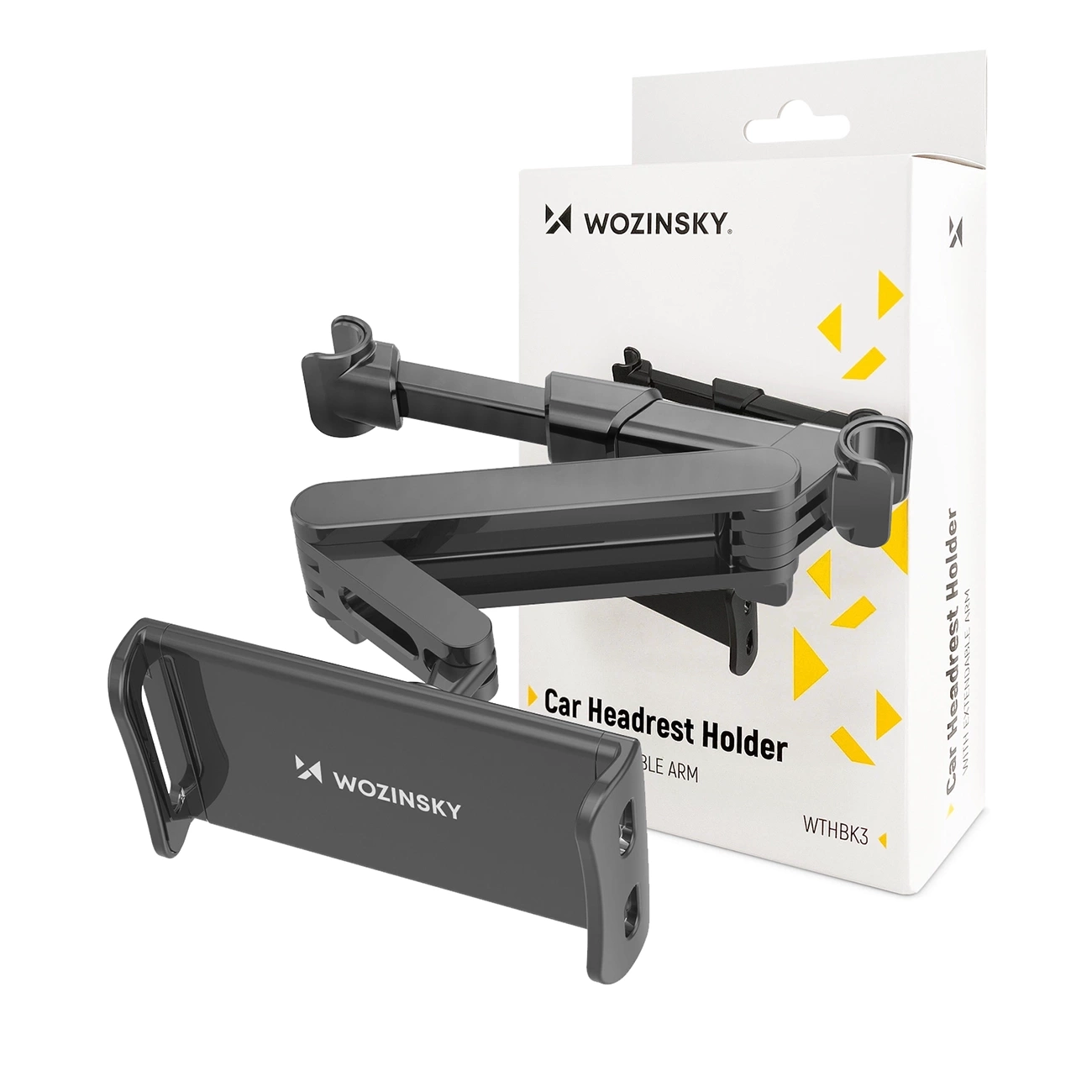 Supporto per tablet per poggiatesta auto Wozinsky nero con braccio estensibile davanti alla scatola.