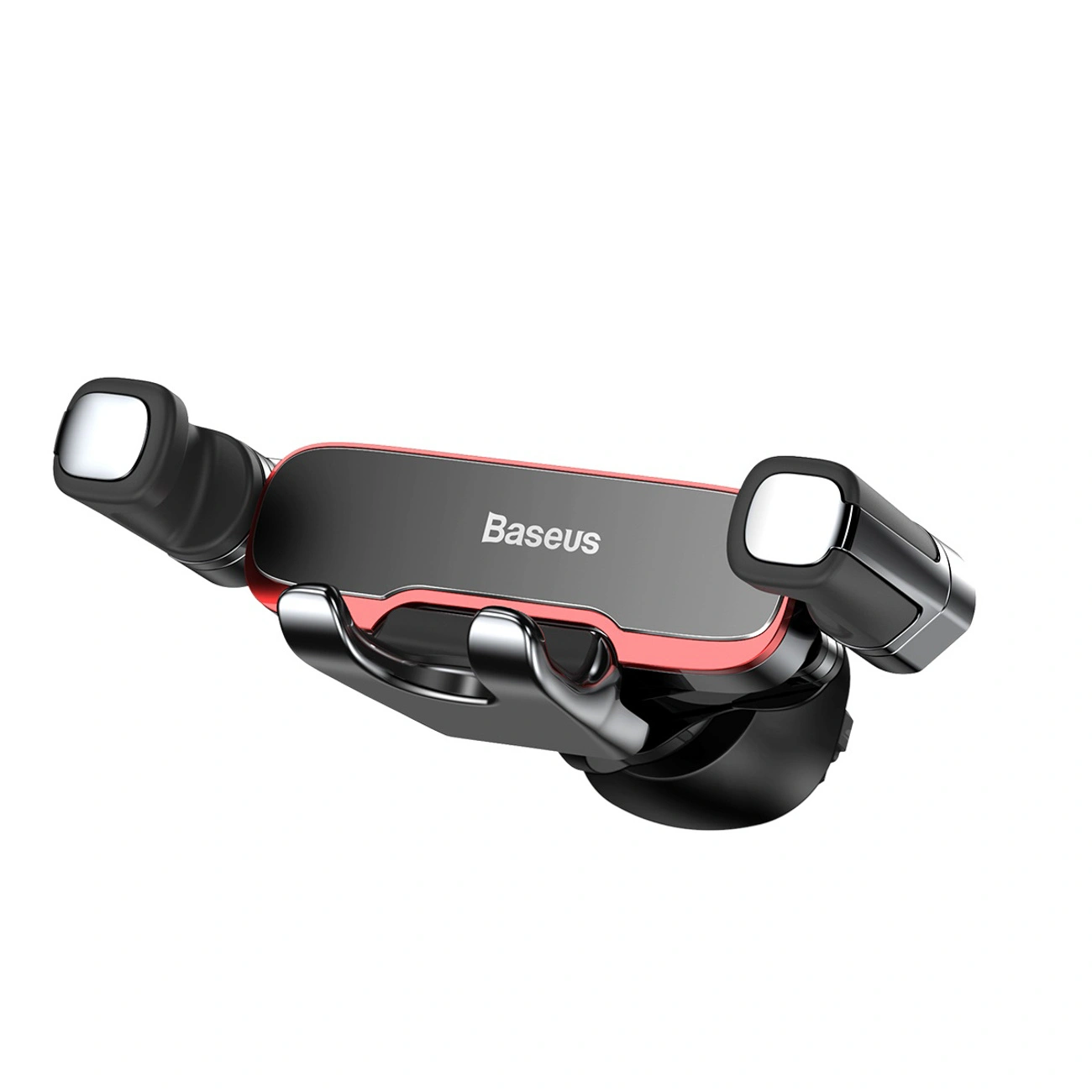 Supporto per telefono da auto Baseus nero e rosso con bracci regolabili su sfondo bianco.
