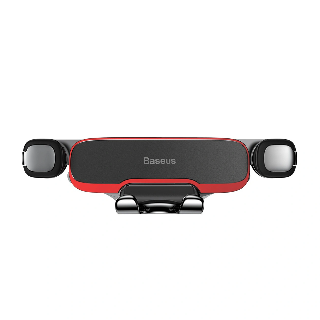 Un supporto per telefono da auto Baseus rosso e nero con clip per bocchette su sfondo bianco.