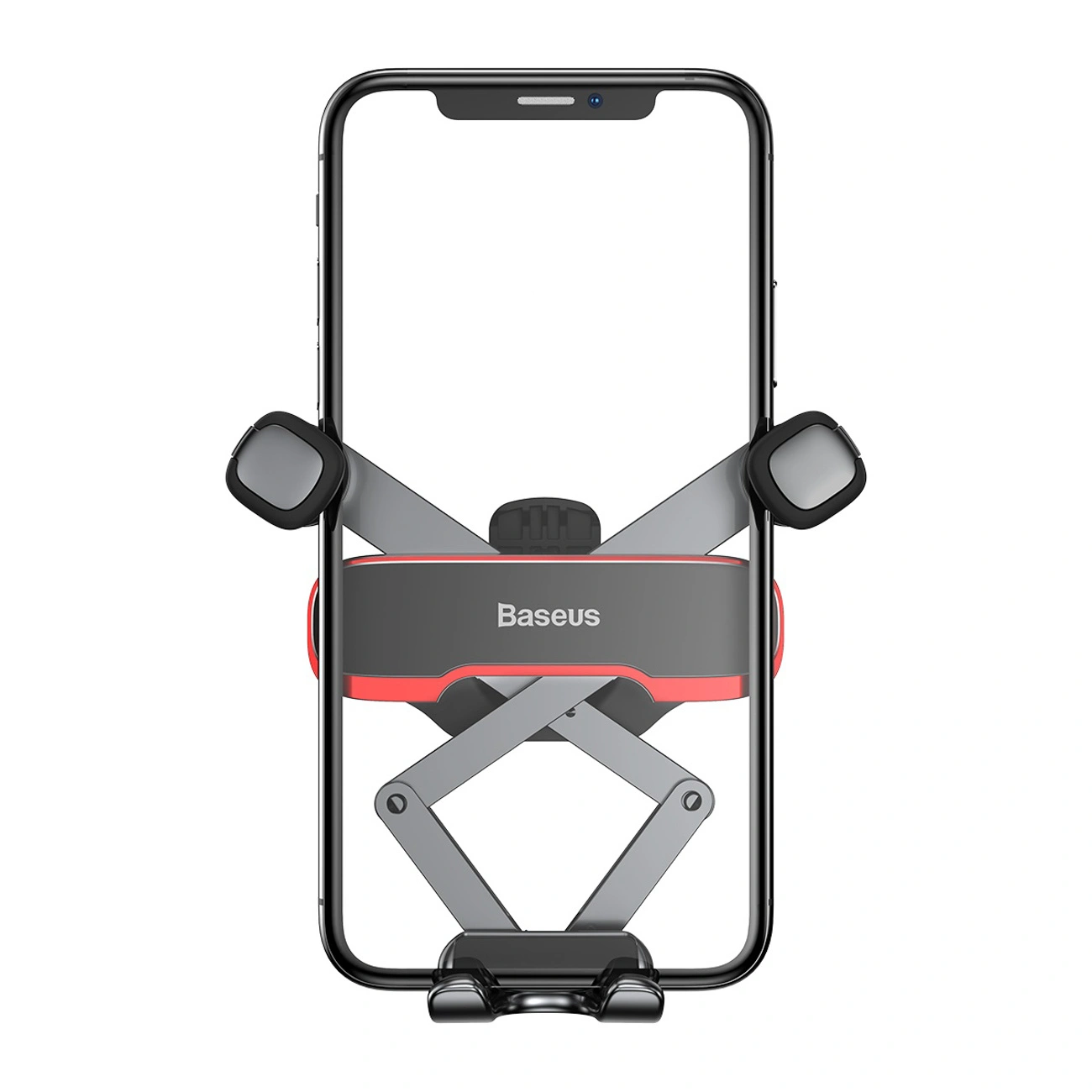 Un supporto per telefono da auto Baseus nero sostiene uno smartphone con bracci incrociati.