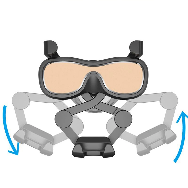 Disegno tecnico di un supporto regolabile con bracci mobili e frecce blu.