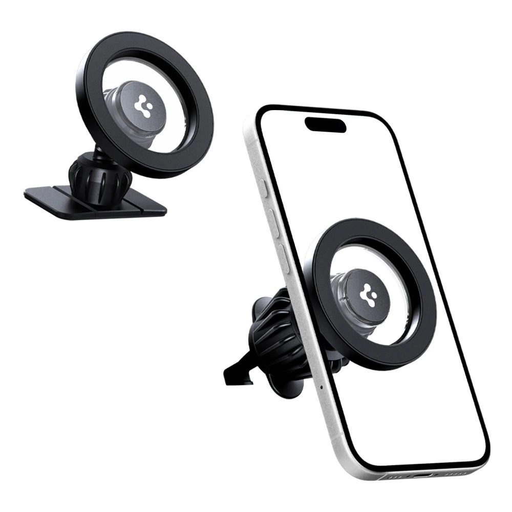 Un supporto magnetico nero e uno smartphone attaccato a un supporto su sfondo bianco.