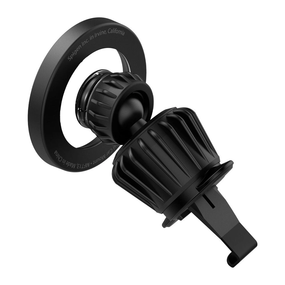 Supporto per auto nero con anello magnetico e clip per bocchetta su sfondo bianco.