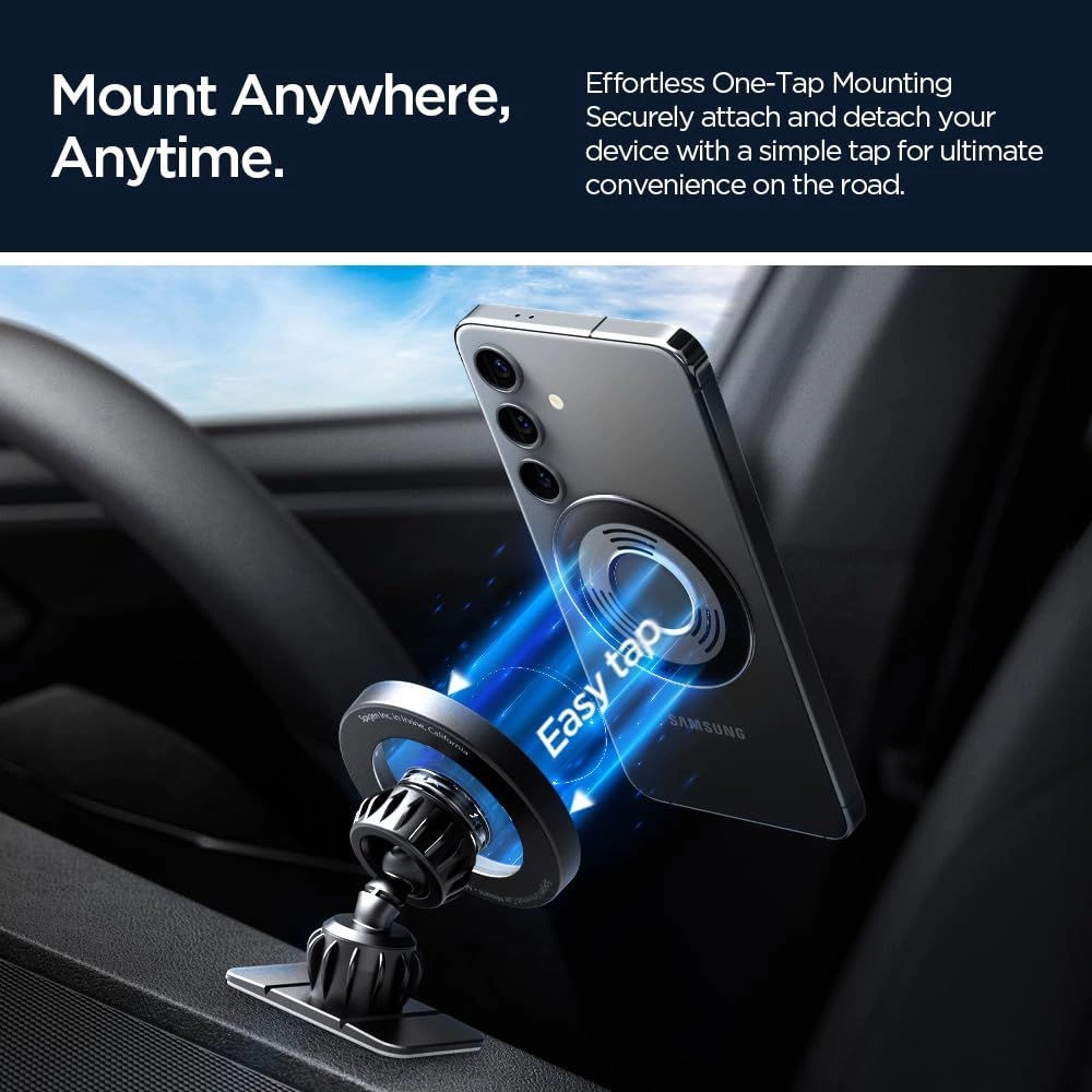 Smartphone montato su supporto auto con effetto luminoso e testo 'Easy tap'.