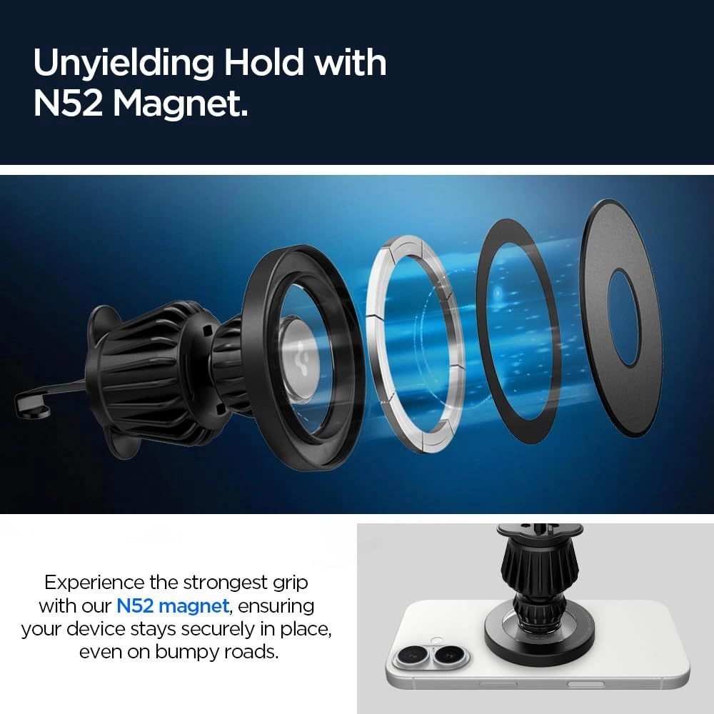 Vista esplosa di un supporto magnetico per auto con magneti N52 e uno smartphone.