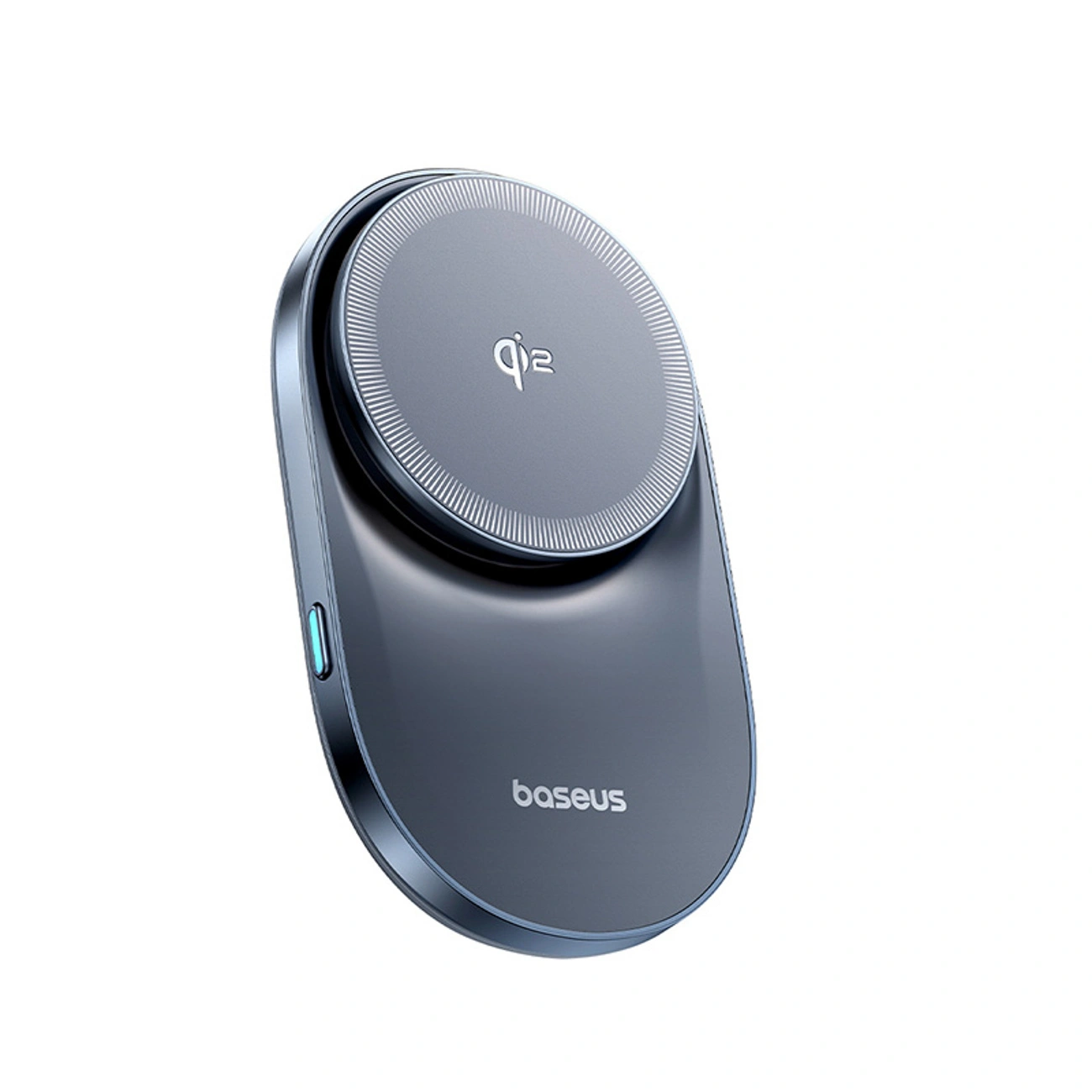 Un caricabatterie wireless Baseus grigio con logo Qi2 su sfondo bianco.