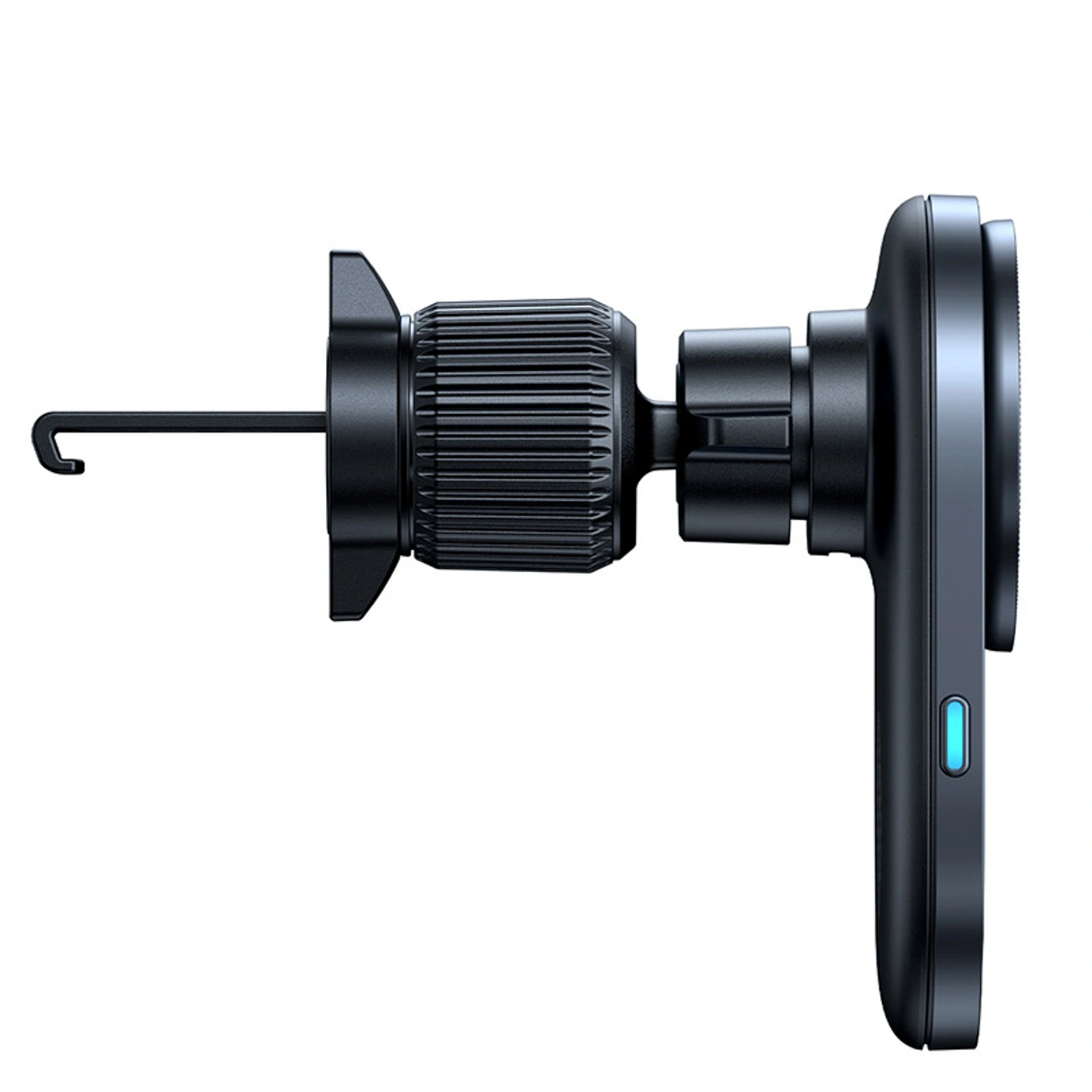 Supporto per auto nero con gancio per bocchetta e indicatore LED blu.