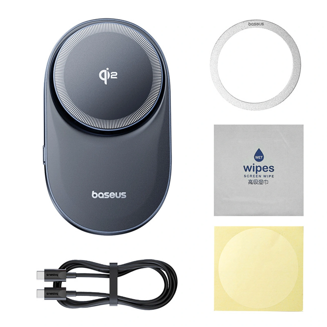 Caricabatterie wireless Baseus Qi2, cavo, anello metallico e salvietta su sfondo bianco.
