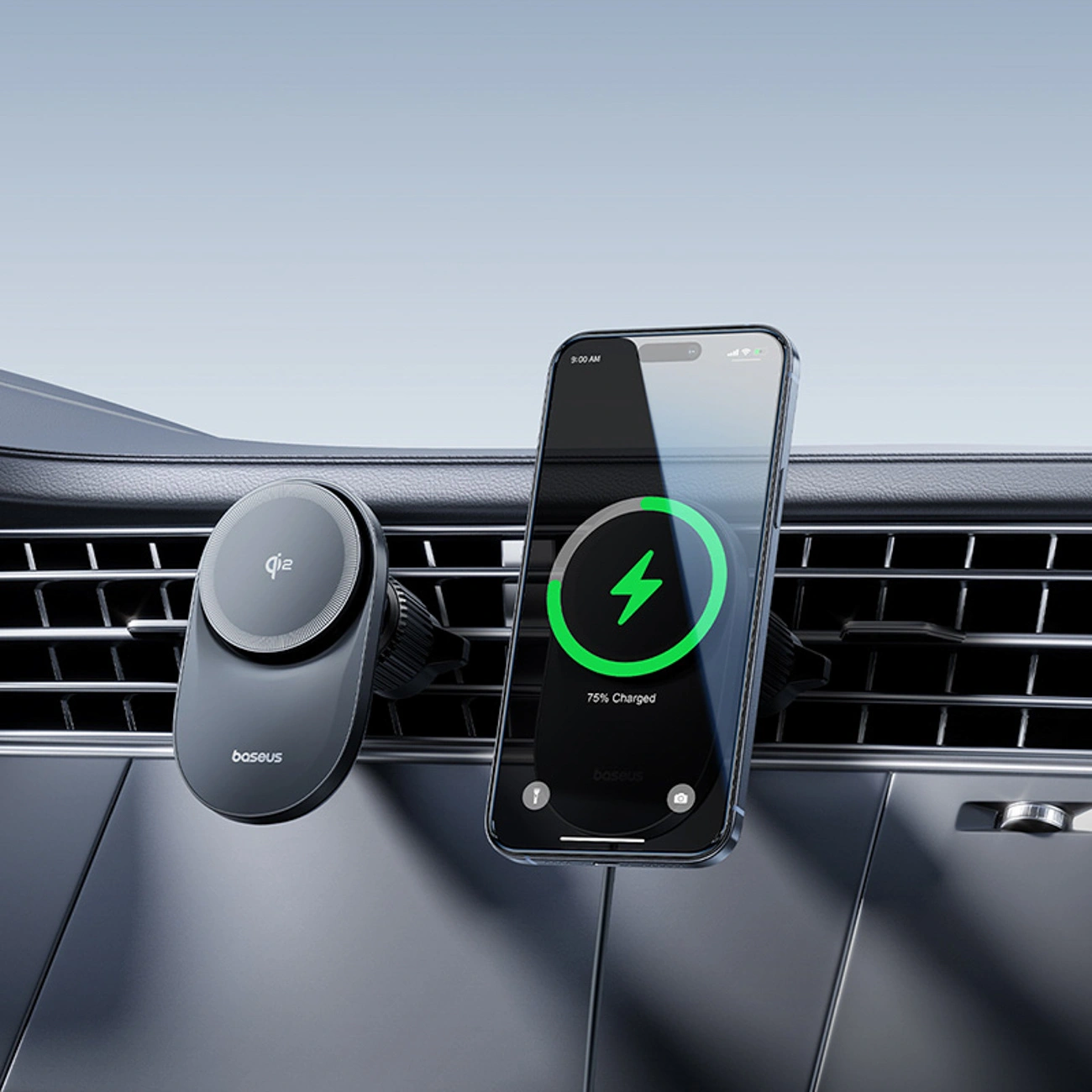 Smartphone e caricabatterie wireless montati su una bocchetta d'aerazione dell'auto.