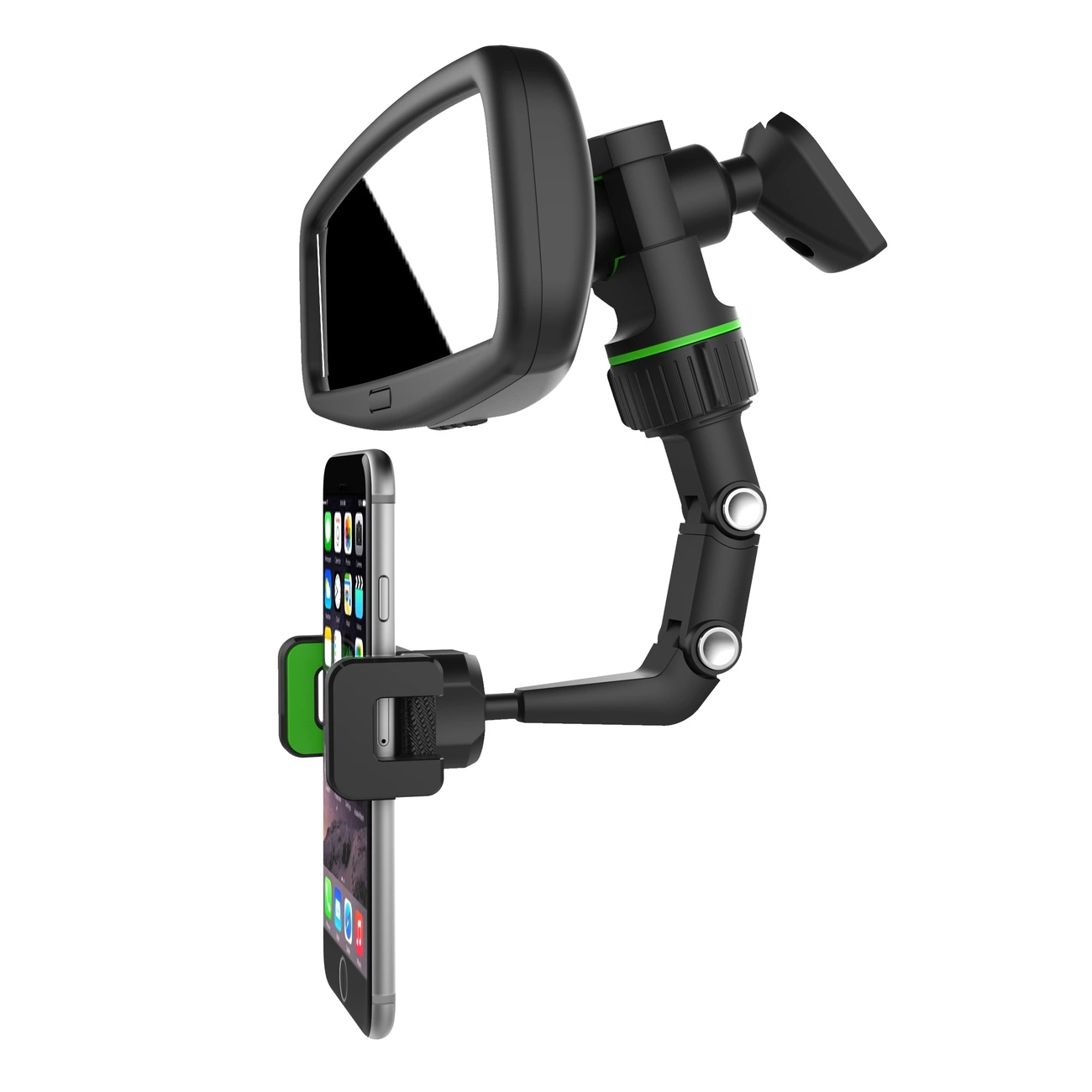 Un supporto per auto nero con accento verde che regge uno smartphone e uno specchietto retrovisore su sfondo bianco.