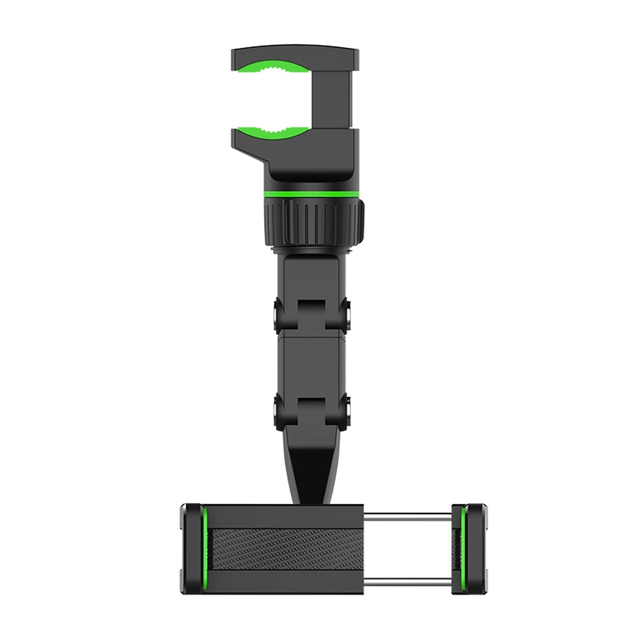 Supporto per cellulare nero e verde con braccio regolabile e morsetto su sfondo bianco.