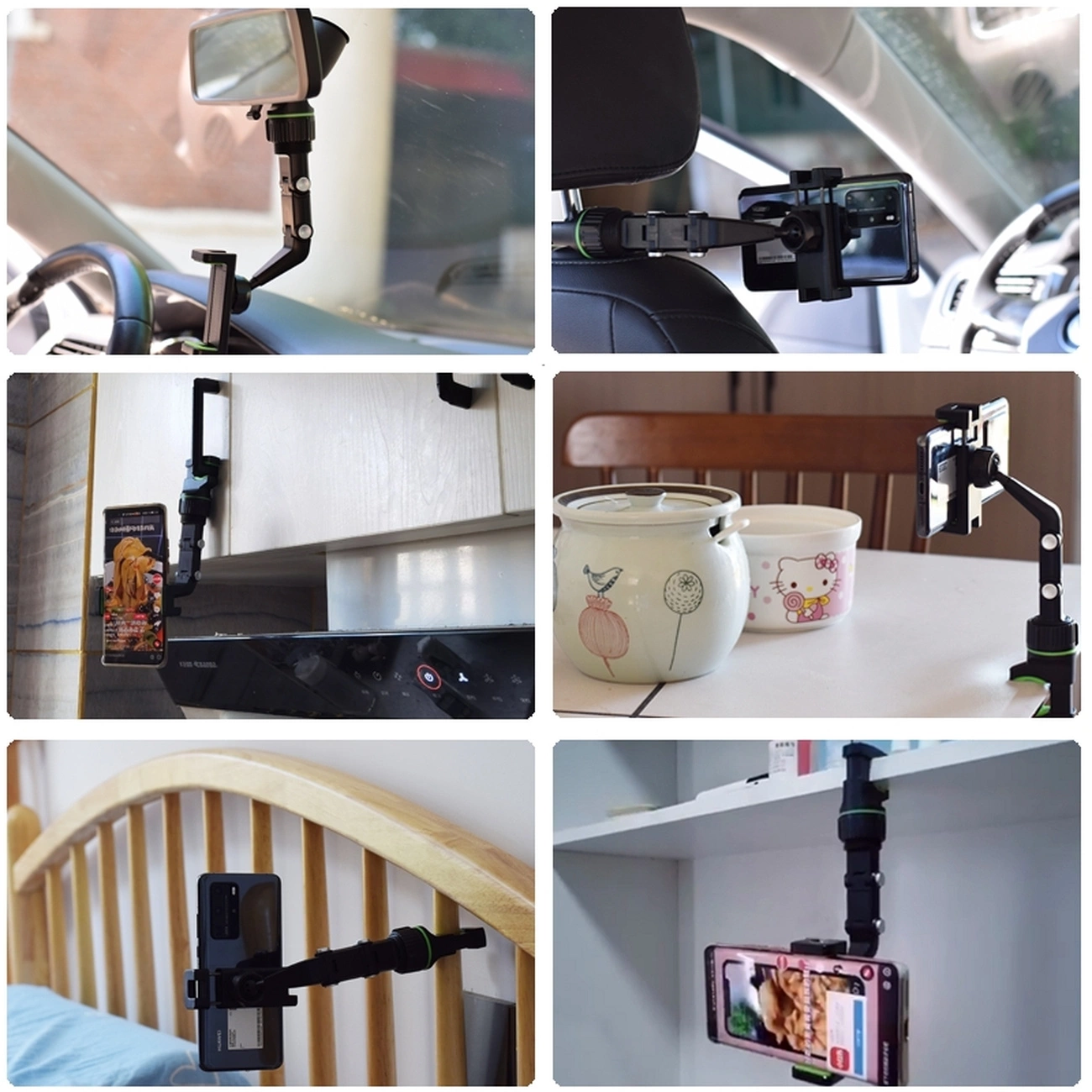 Un versatile supporto per telefono nero fissato su auto, cucina, letto e mensola.