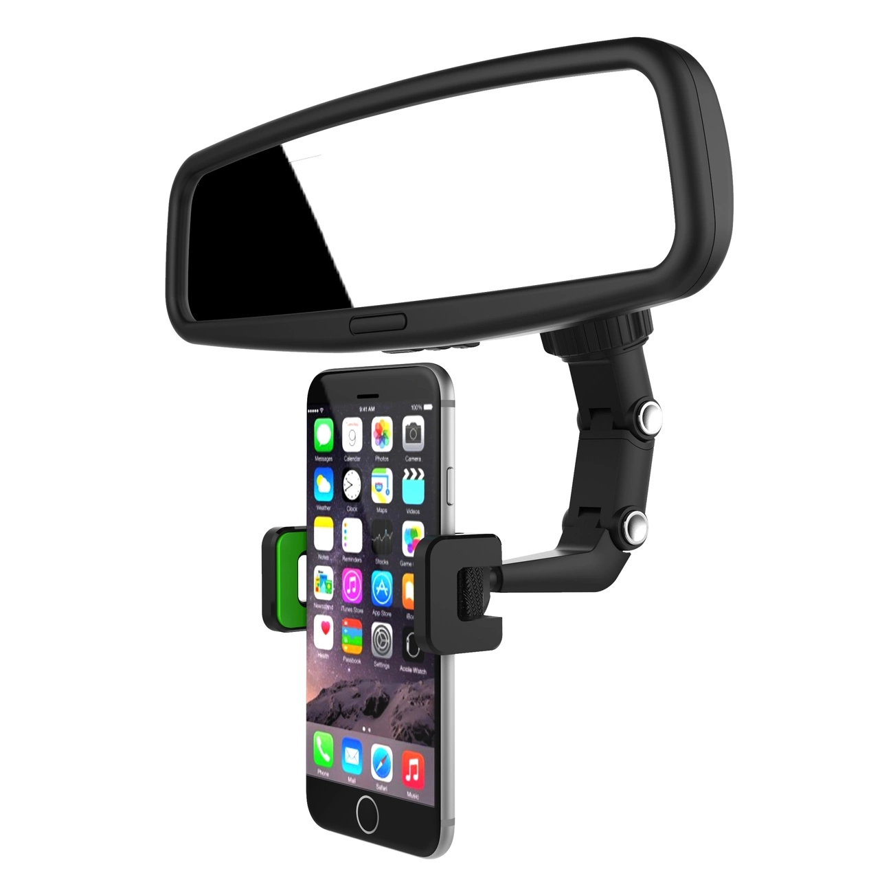 Uno specchietto retrovisore per auto con supporto per smartphone che sostiene un iPhone con icone di app.
