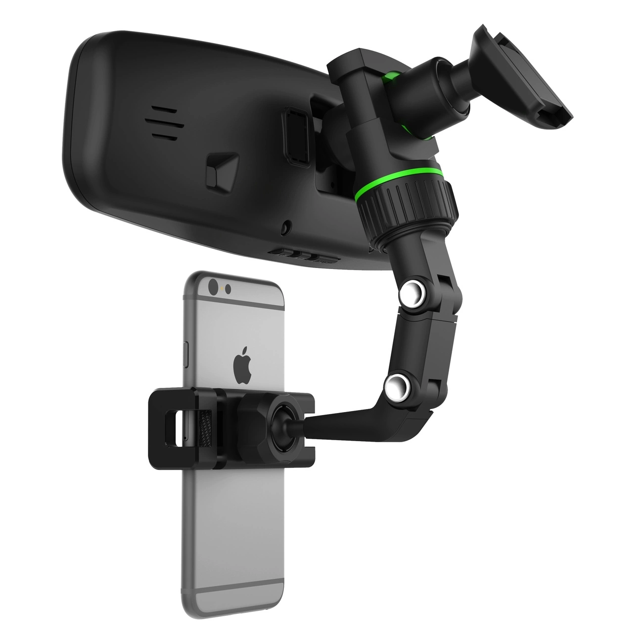 Uno smartphone è appeso a un supporto regolabile fissato a un poggiatesta per auto.