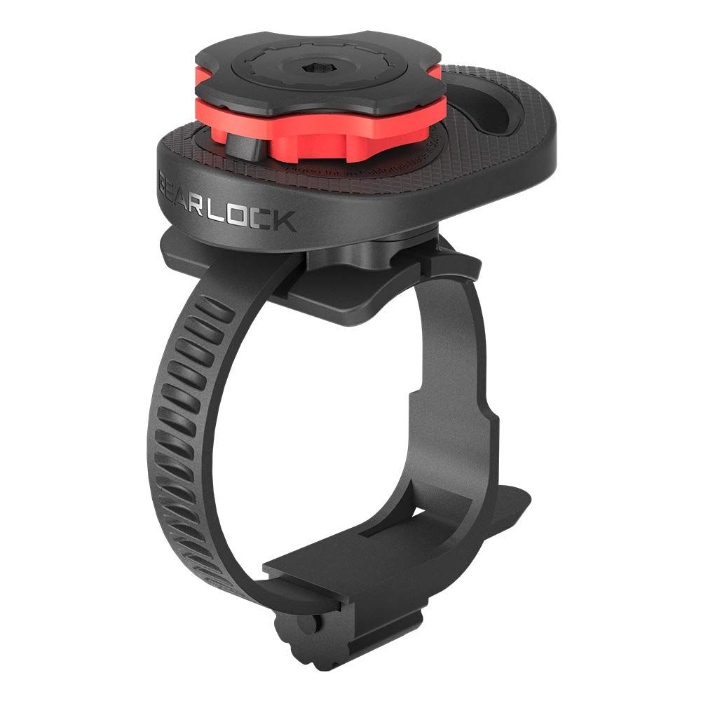 Supporto per manubrio Gearlock nero con ghiera rossa e cinghia integrata su fondo bianco.