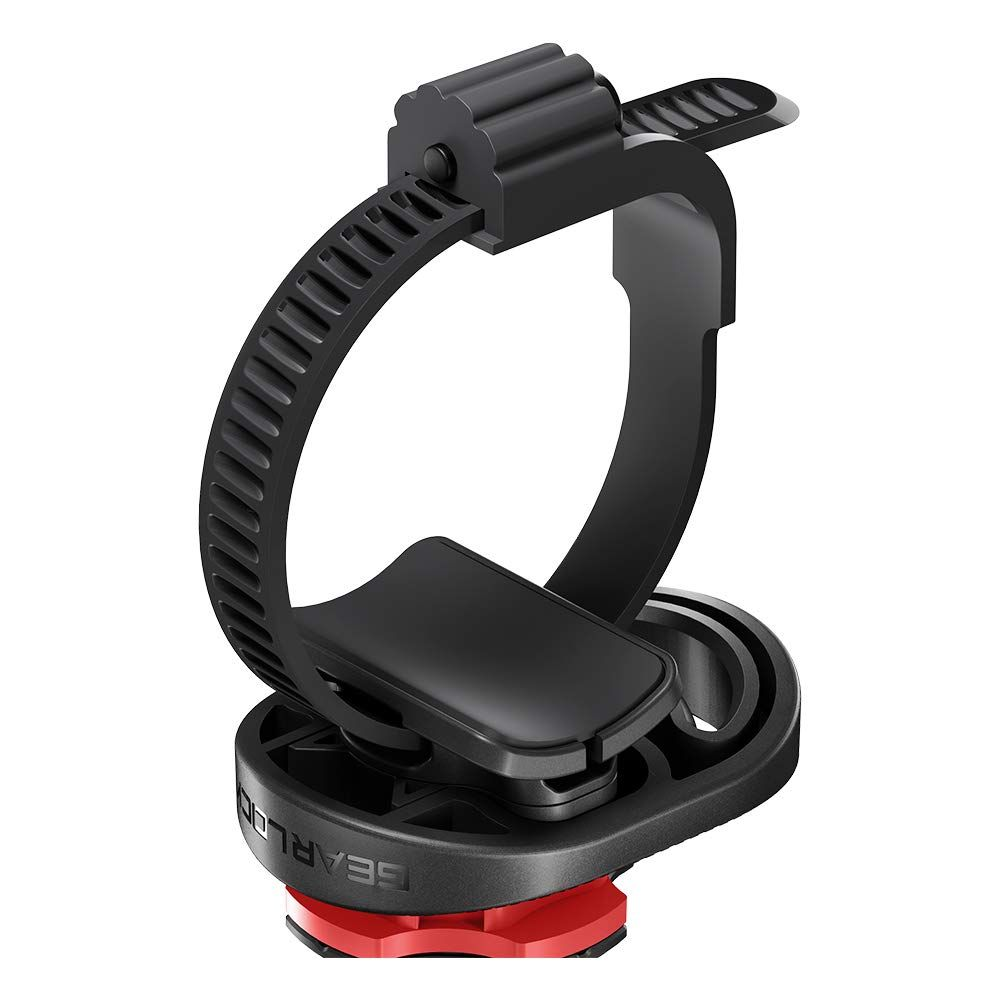 Supporto per bici nero con cinghia integrata e base rossa su sfondo chiaro.