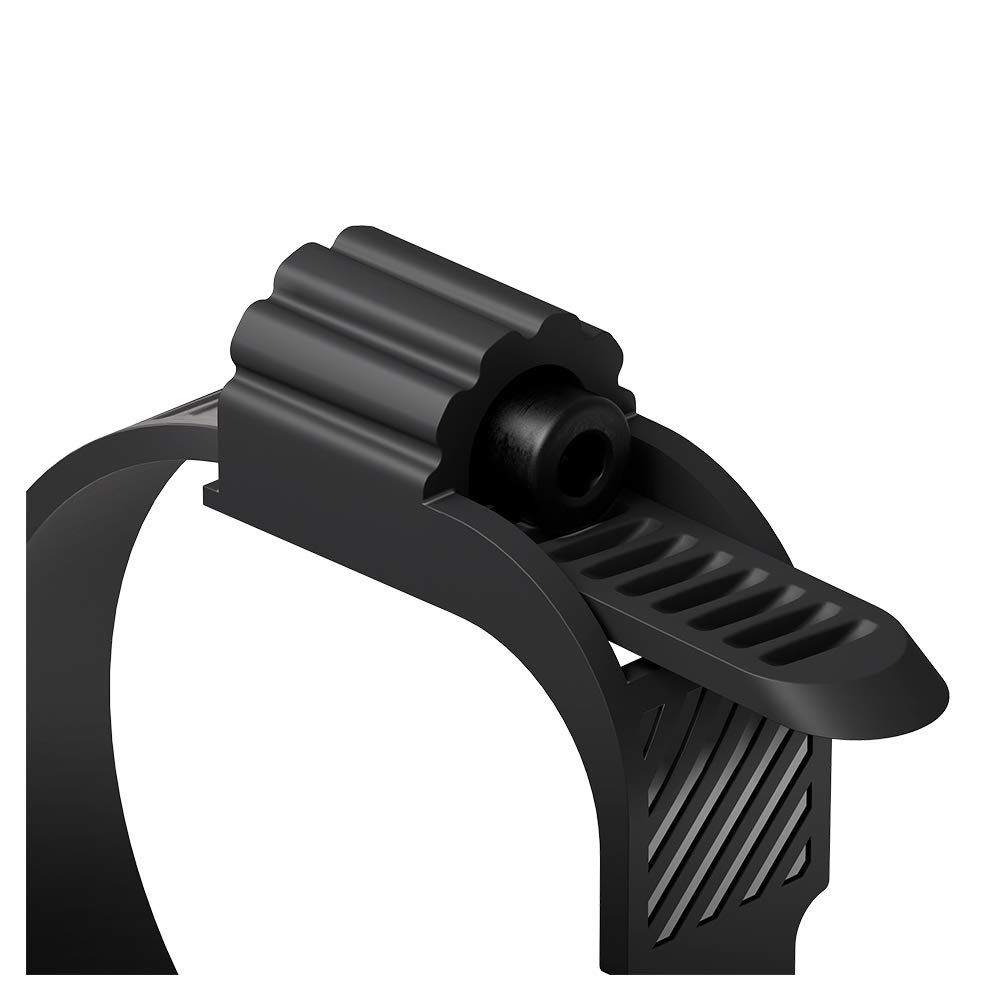 Supporto per bici nero in plastica con manopola testurizzata e braccio curvo su sfondo bianco.