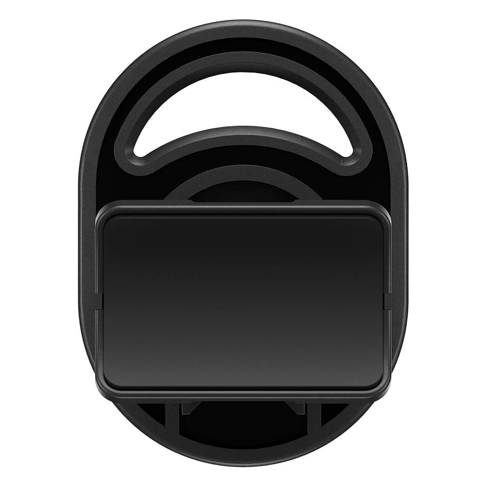 Un supporto per telefono nero e rotondo con un pannello frontale rettangolare e piatto.