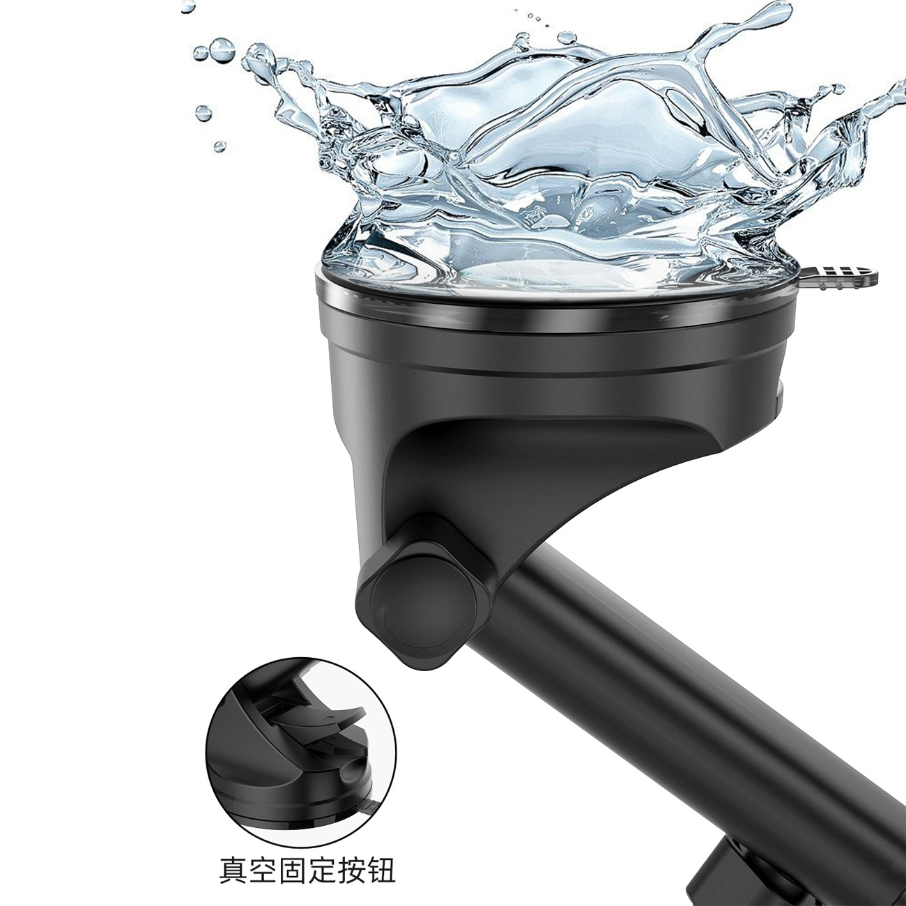 Acqua che schizza su un supporto a ventosa nero con dettaglio.