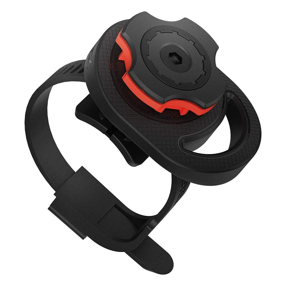 Supporto per bicicletta nero con accento rosso e cinturino su sfondo bianco.