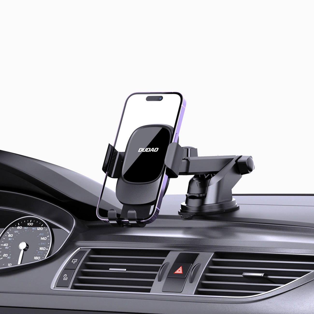 Uno smartphone montato su supporto a ventosa sul cruscotto, vicino alle bocchette dell'aria.
