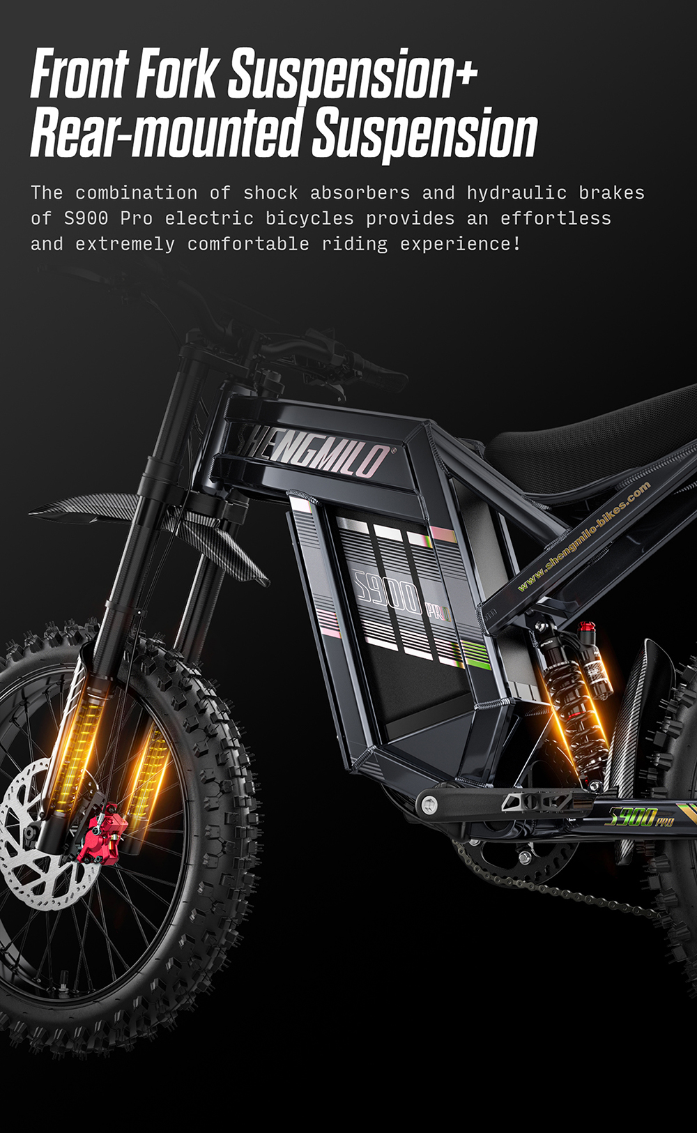 Bicicleta eléctrica negra Shengmilo S900 Pro con suspensión delantera y trasera sobre fondo oscuro.