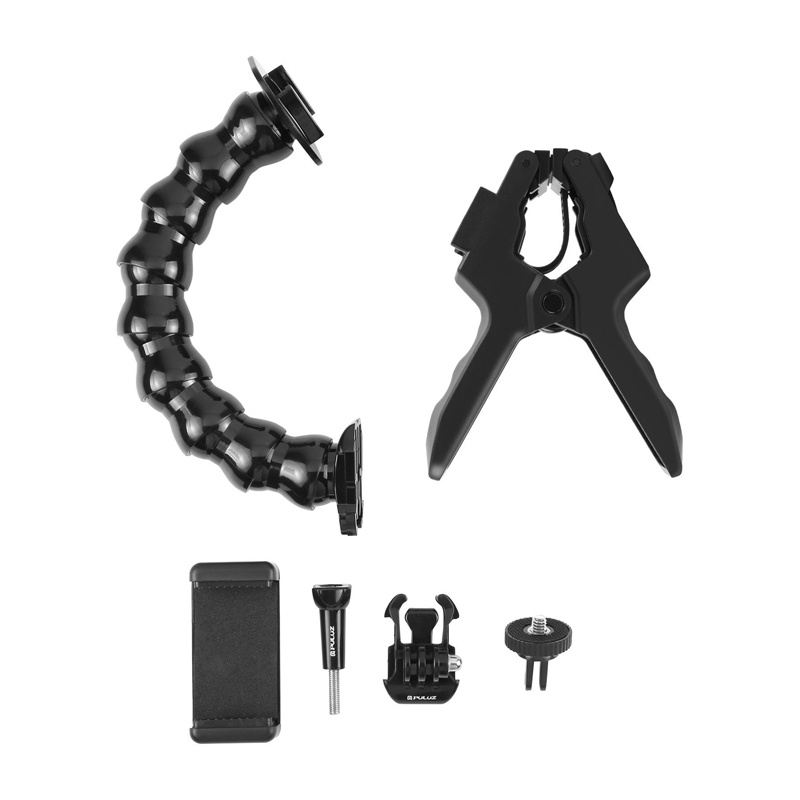 Kit di accessori per fotocamera neri con braccio flessibile, morsetto, supporto e viti su sfondo bianco.