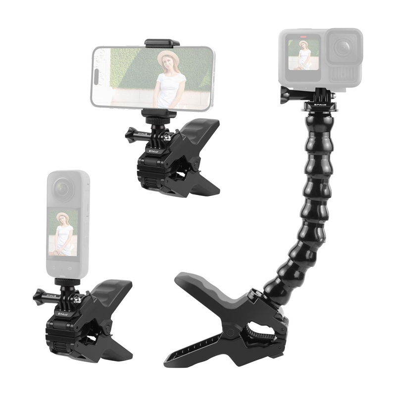 Supporti neri per fotocamera e smartphone con morsetti su sfondo bianco.