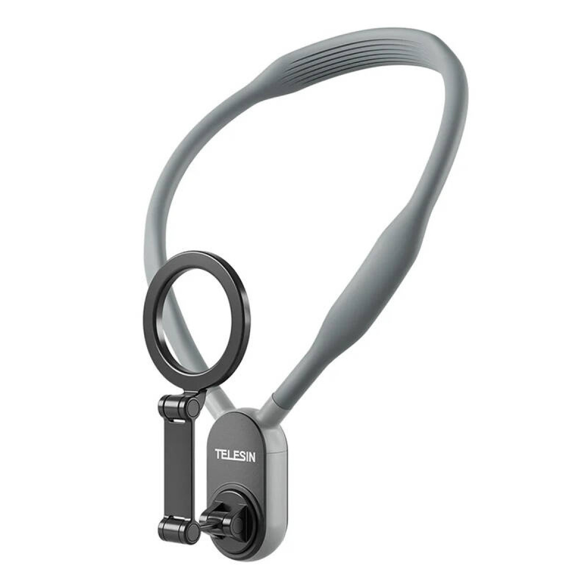 Supporto da collo Telesin grigio con attacco magnetico nero su sfondo bianco.