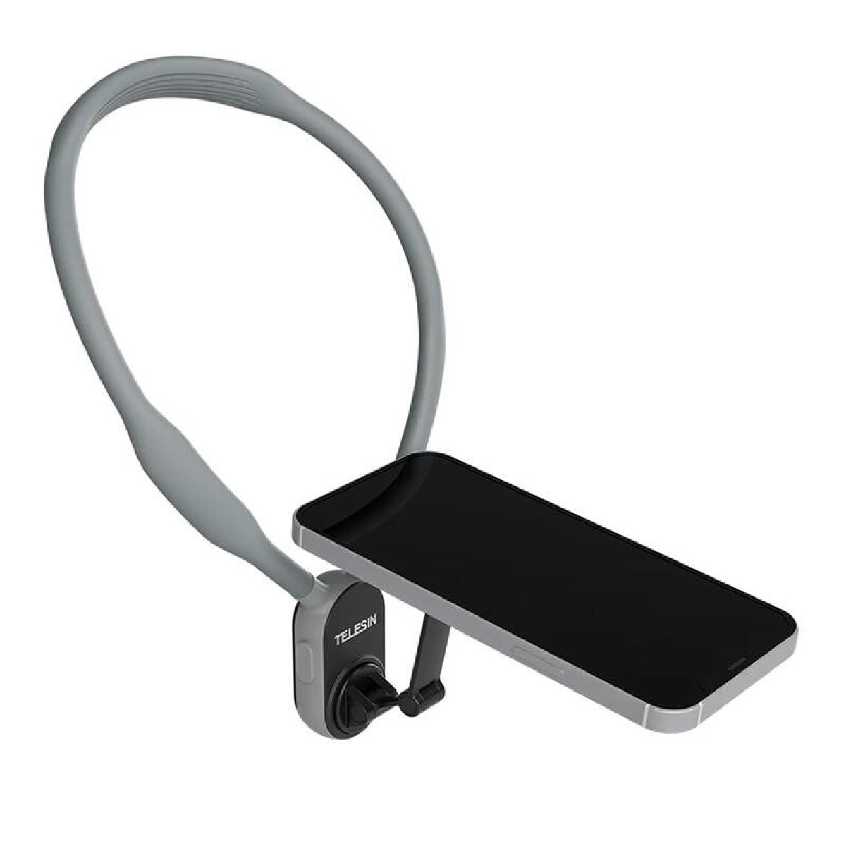 Supporto da collo grigio Telesin con supporto per smartphone su sfondo bianco.
