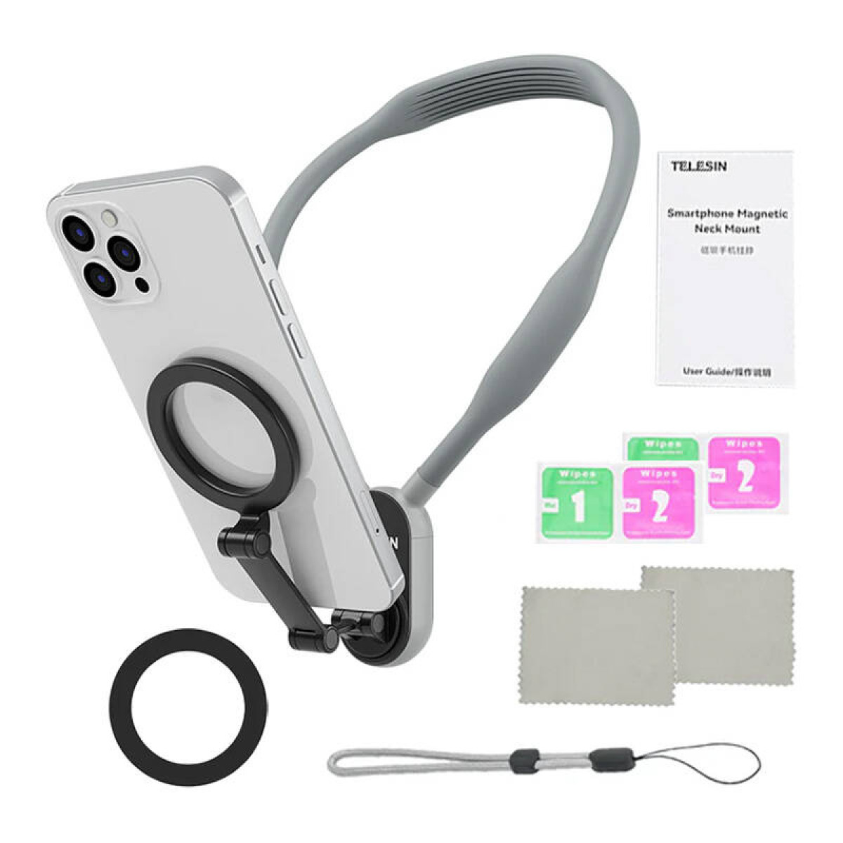 Supporto magnetico da collo per smartphone grigio con accessori, salviette detergenti e manuale su sfondo bianco.