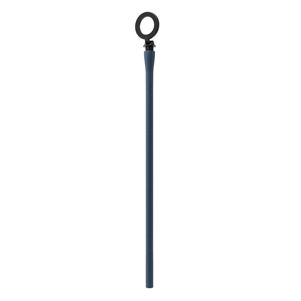Un lungo palo blu con un anello nero in alto su sfondo bianco.