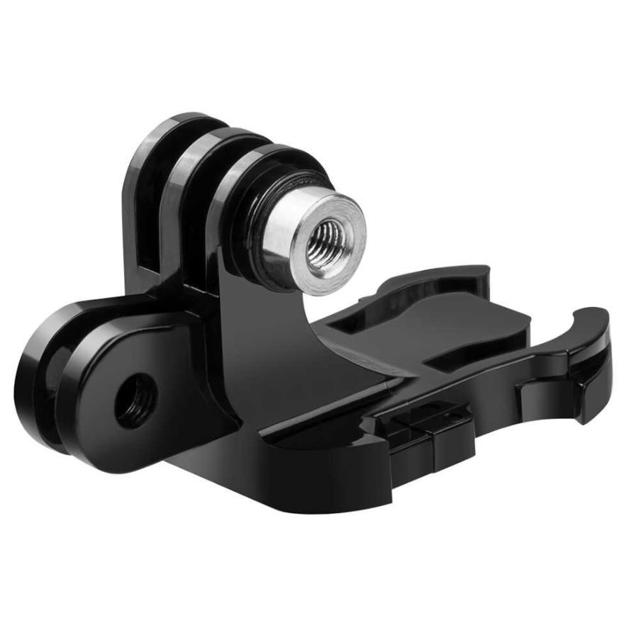 Supporto per fotocamera in plastica nera con inserto filettato su sfondo bianco.