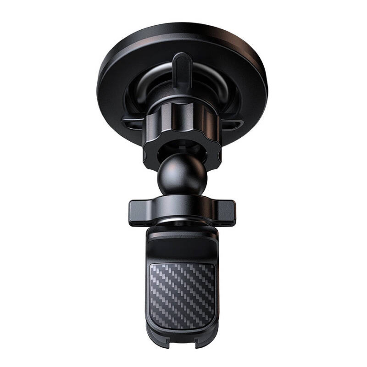 Supporto magnetico nero per telefono con base rotonda, snodo sferico e clip per bocchetta.