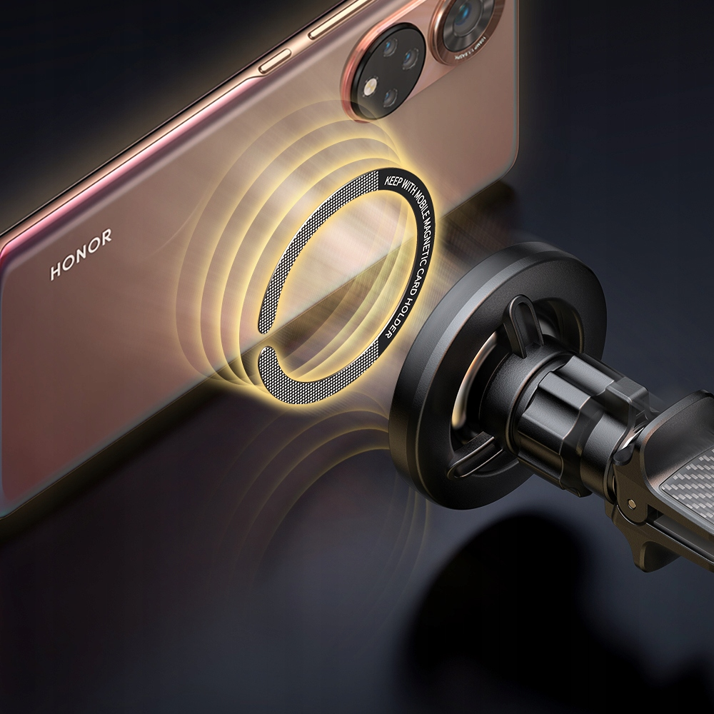 Uno smartphone si avvicina a un supporto magnetico, circondato da onde gialle.