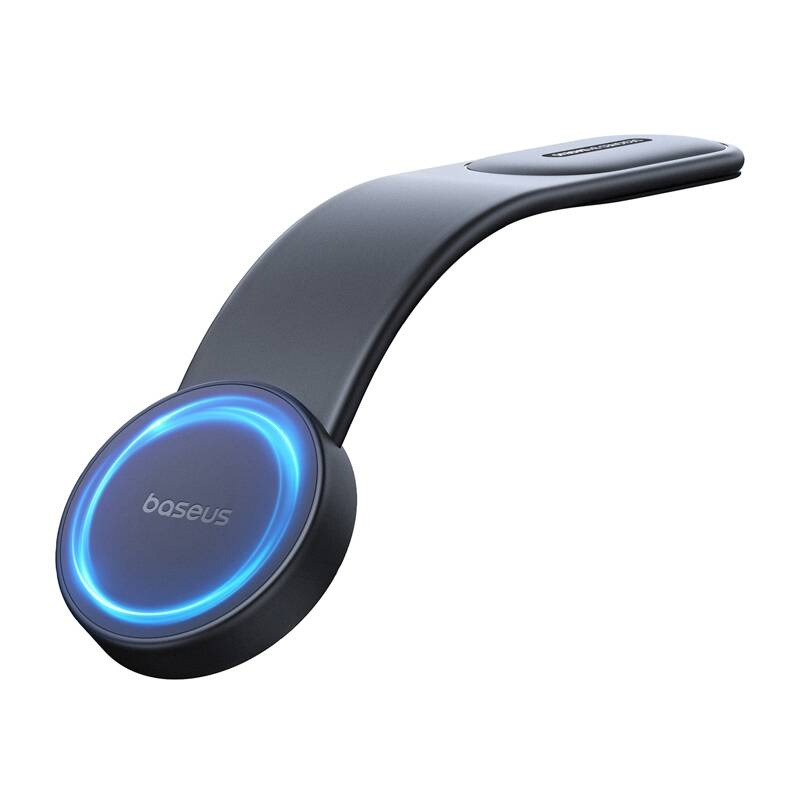 Un caricabatterie wireless Baseus nero con un anello azzurro luminoso su sfondo bianco.