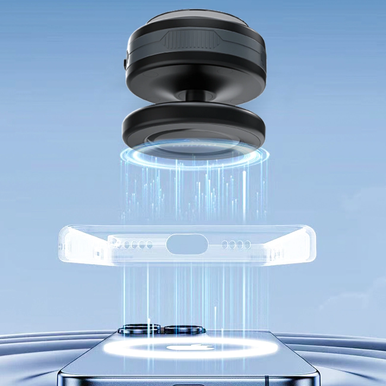 Caricabatterie magnetico per auto sopra uno smartphone con fasci di luce blu.