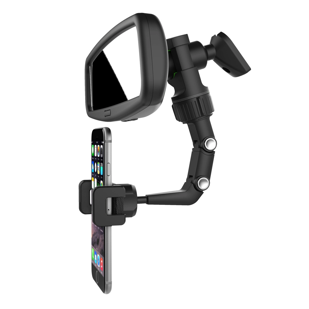 Un supporto per auto multifunzionale nero che sostiene uno smartphone e uno specchietto retrovisore.