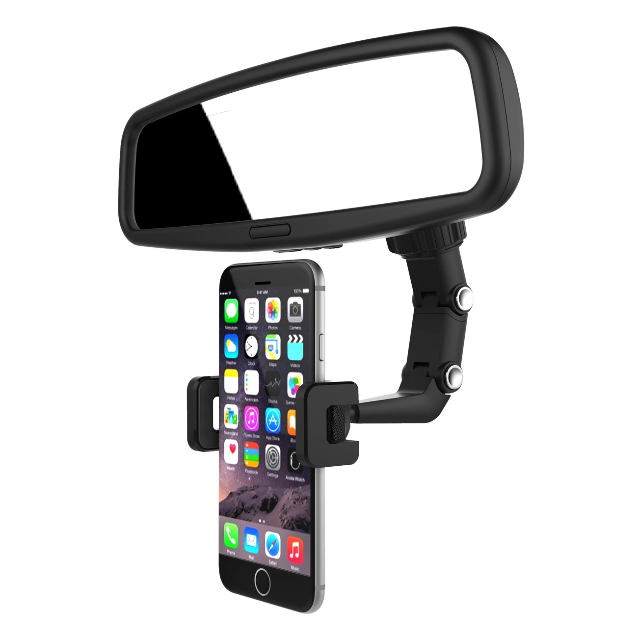 Uno specchietto retrovisore per auto con supporto per smartphone regolabile.