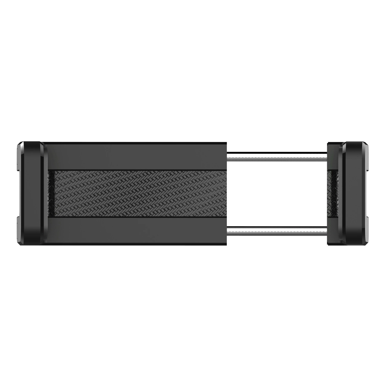 Un supporto per smartphone nero con aste metalliche estensibili e impugnature in gomma.