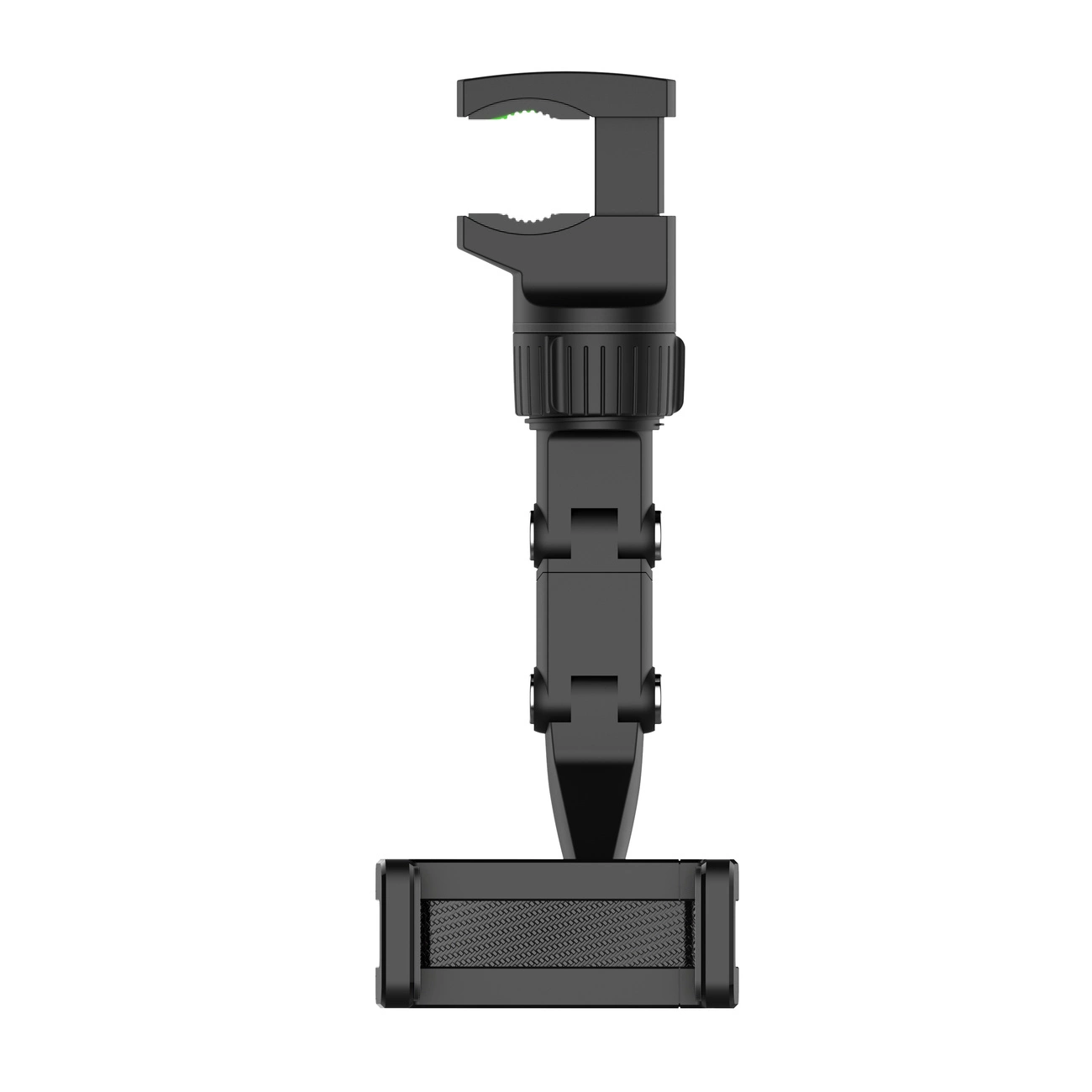 Supporto per smartphone in plastica nera con morsetto regolabile e braccio articolato su sfondo bianco.