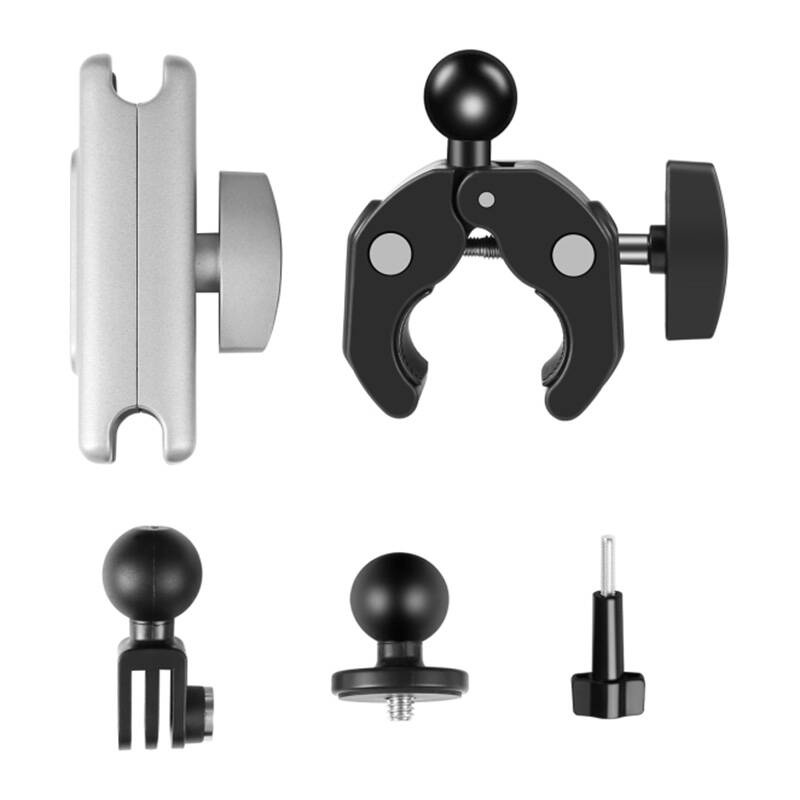 Varie parti di supporto per fotocamera nere e argento, tra cui morsetto, testa a sfera e viti su sfondo bianco.