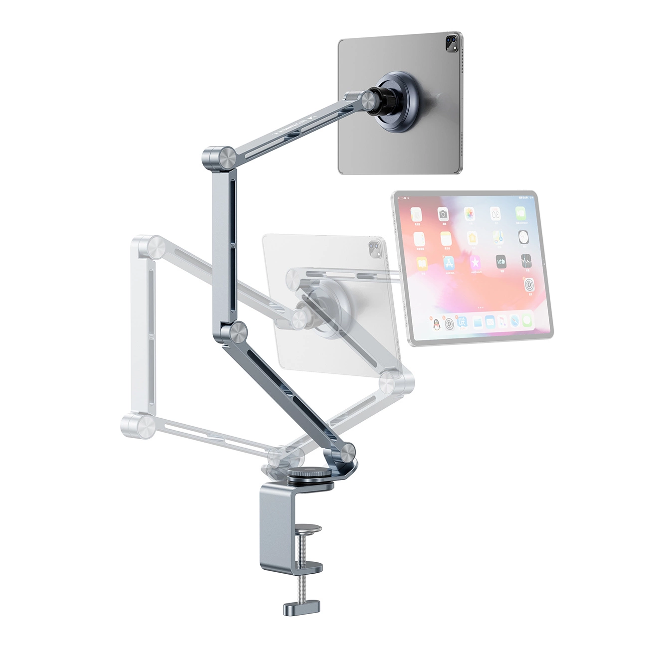 Supporto per tablet in metallo argentato regolabile con morsetto a C e braccio snodato.