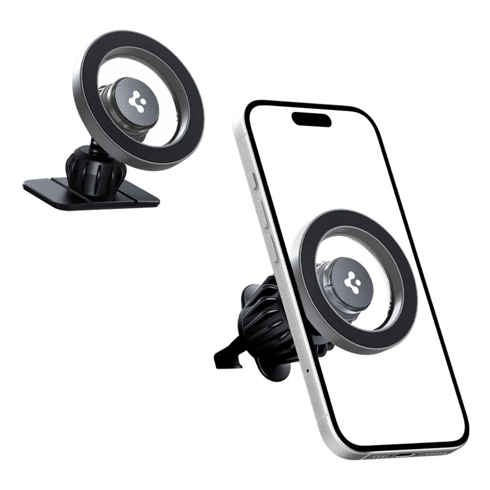 Un supporto magnetico nero per telefono, mostrato da solo e mentre sostiene uno smartphone su sfondo bianco.
