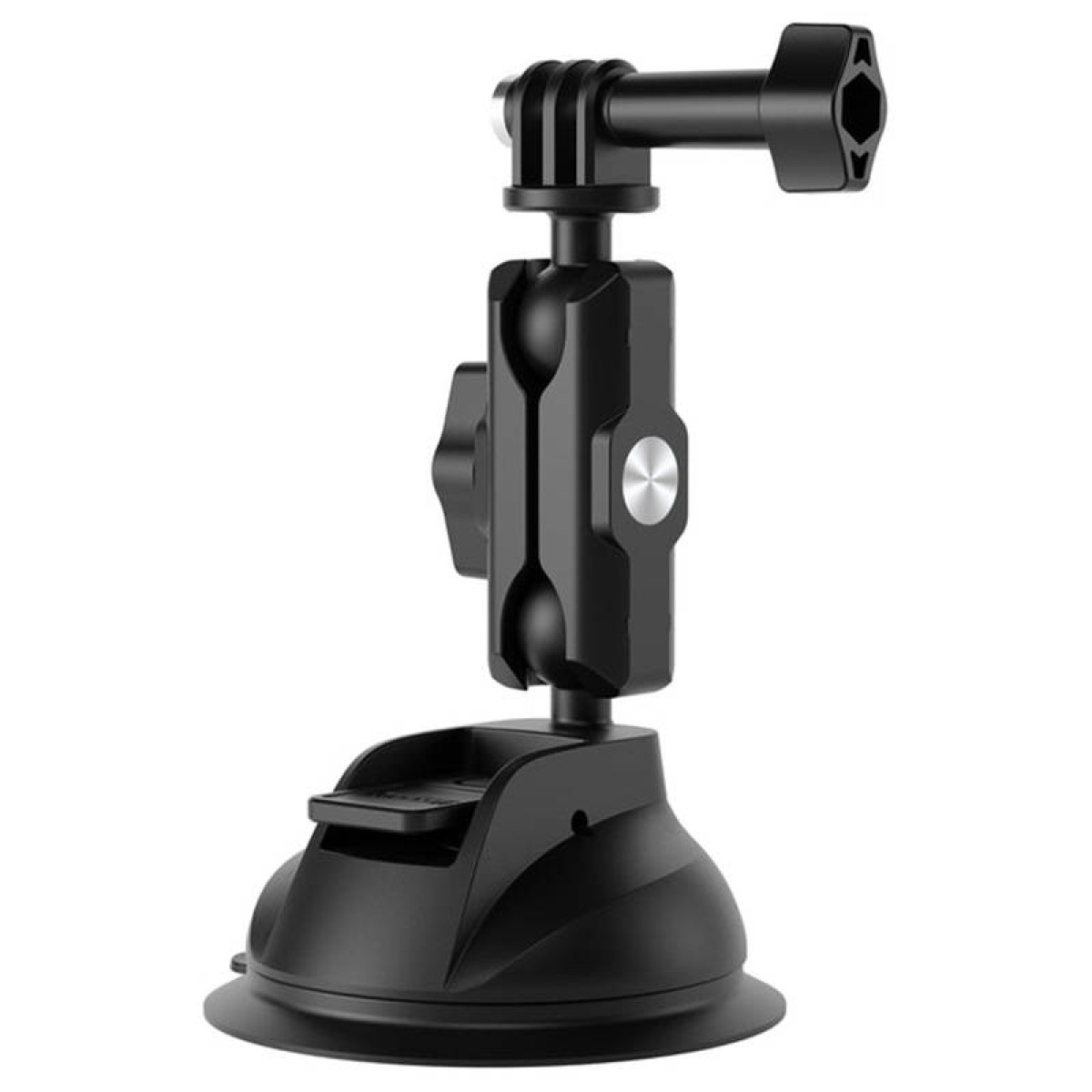 Supporto a ventosa nero per fotocamera con braccio regolabile e vite a testa zigrinata.