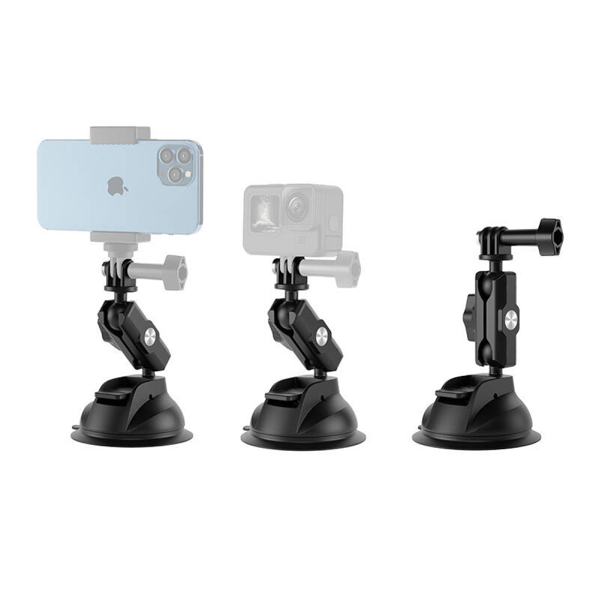 Tre supporti a ventosa neri mostrano il montaggio di uno smartphone, una action cam e un adattatore.