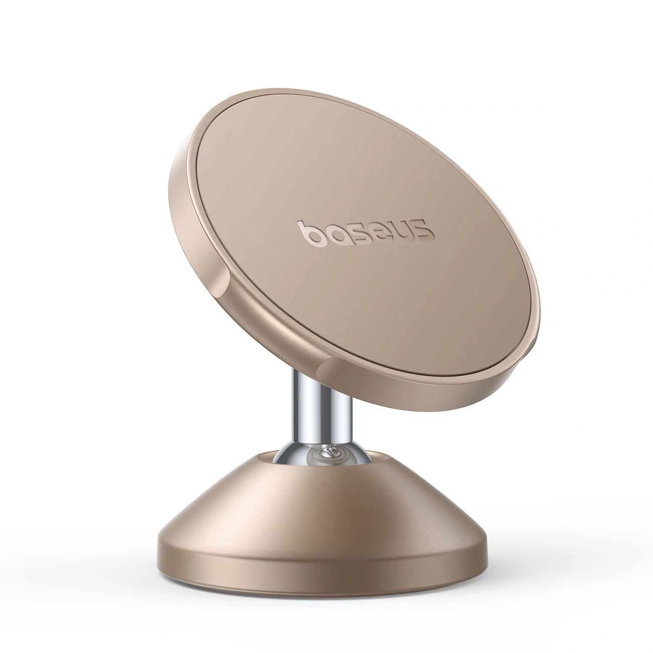 Supporto per telefono Baseus rotondo dorato con giunto cromato e base pesante su sfondo bianco.