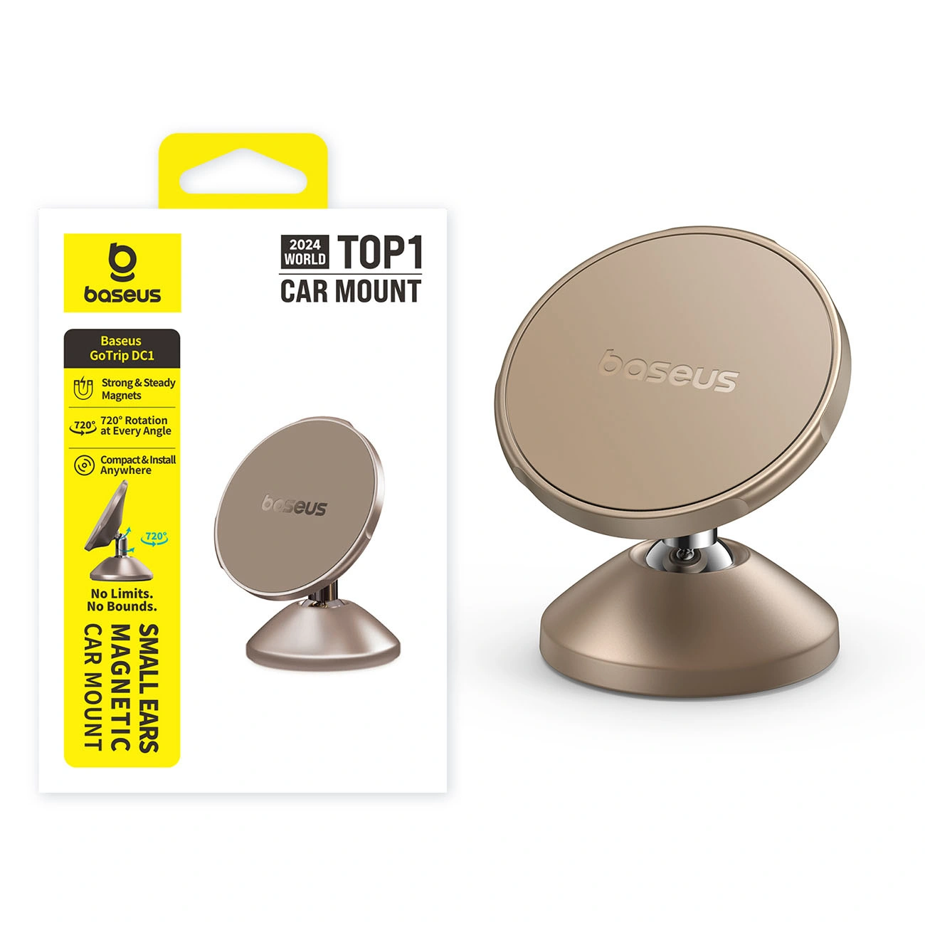 Un supporto magnetico per auto Baseus color oro accanto alla scatola bianca.