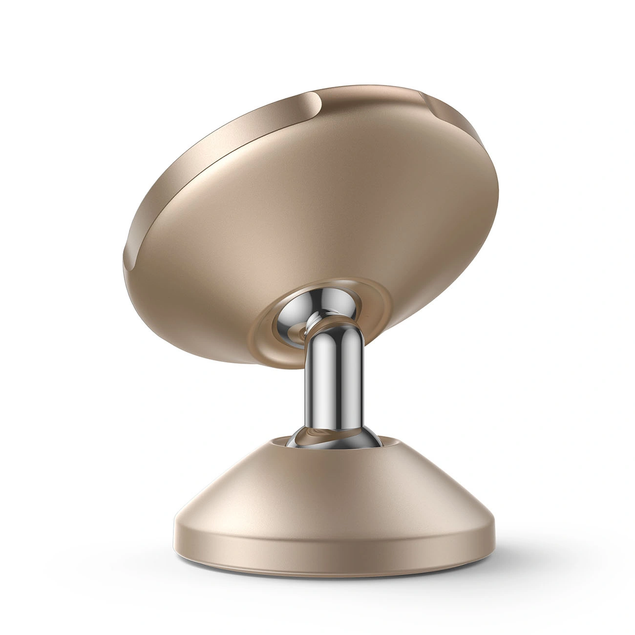 Supporto magnetico per telefono color oro con giunto regolabile cromato su sfondo bianco.